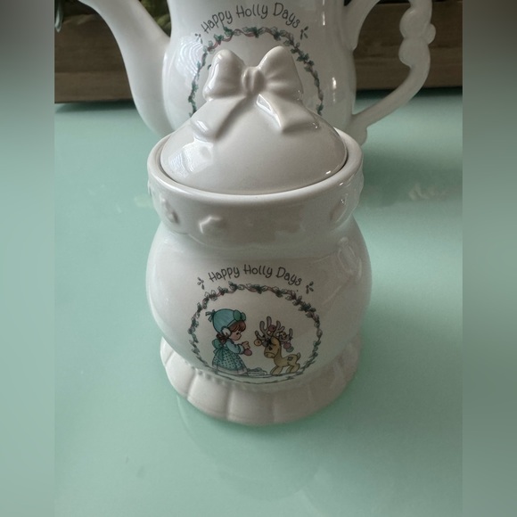 {Enesco Precious Moments} Christmas Happy Holly Days Stoneware Teapot Set 1994 - Picture 5 of 15